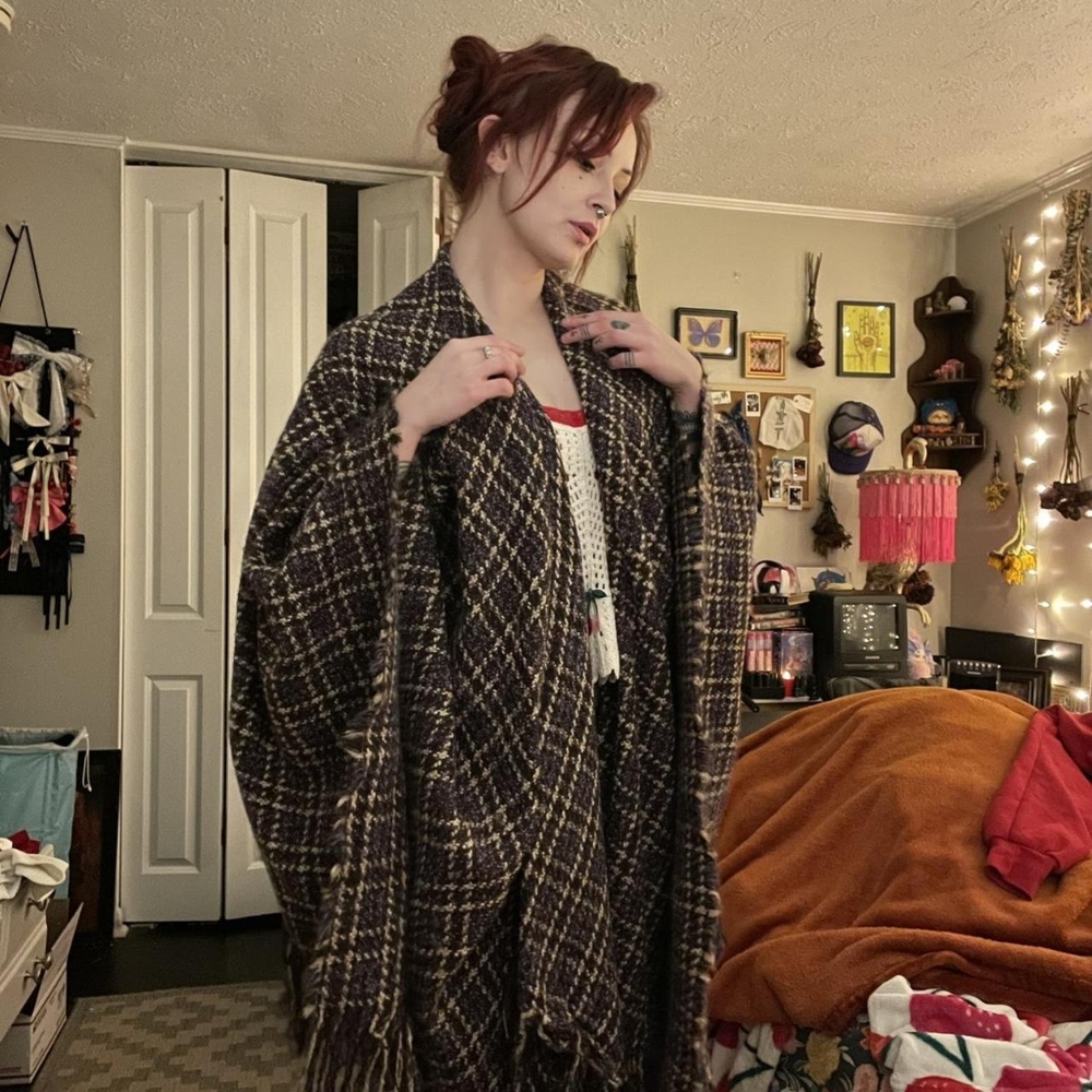 Vintage Open Front Plaid Poncho Shawl Wrap Tweed Open Size - Picture 4 of 6